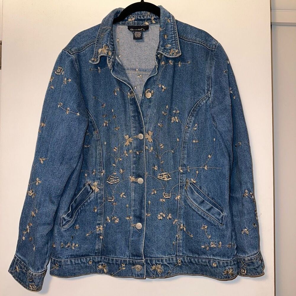 Denim & Co Women’s Medium Floral Embroidered Denim Jean Jacket Blue Gold EUC